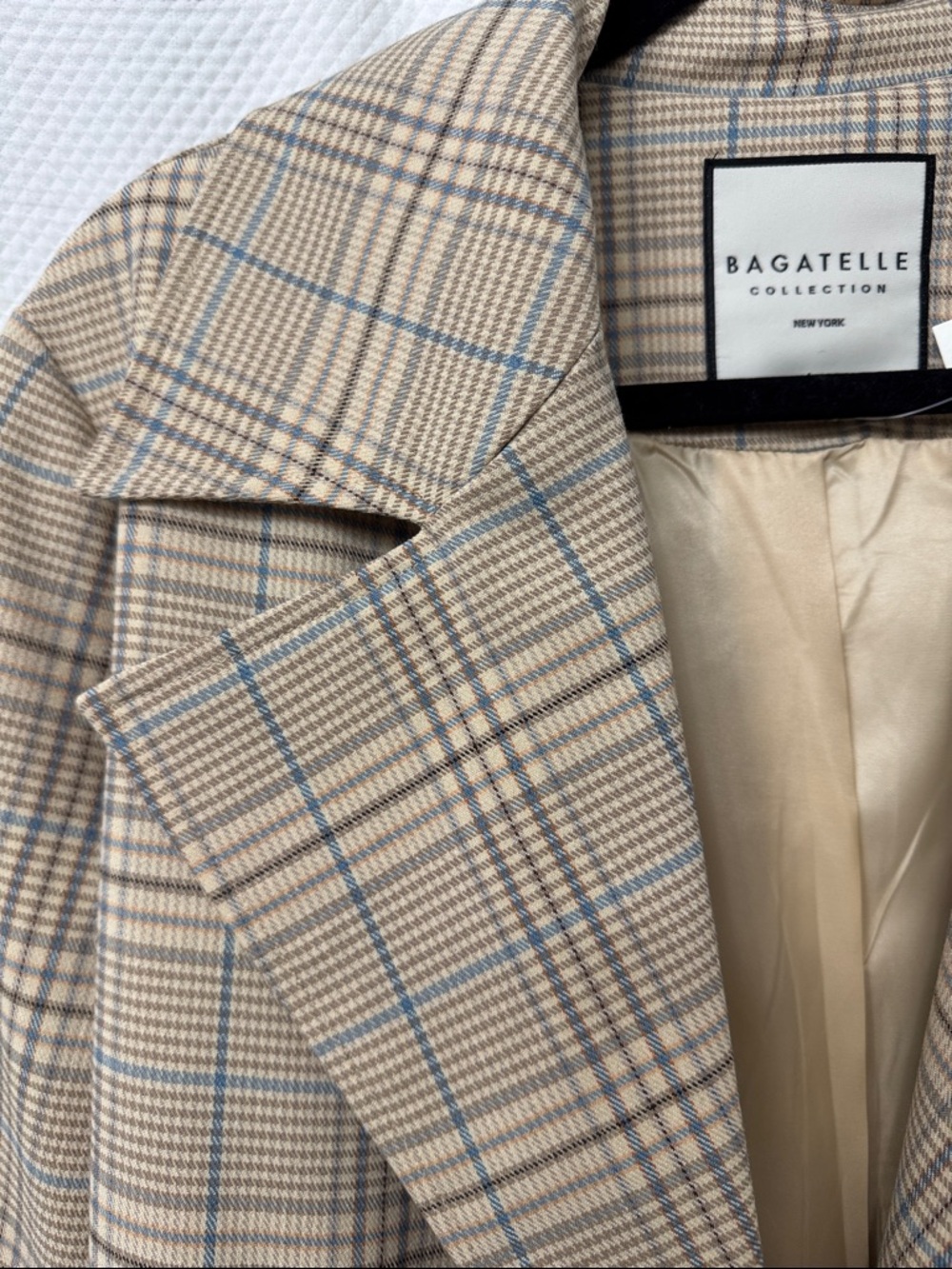 Bagatelle Collection New York Beige and Blue Plaid Double-Breasted Trench Coat - Picture 6 of 13